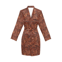 Tooled Leather Print Women's Long Sleeve Belted Satin Feel Dressing Lounge Robe