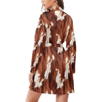 Brown Cow Print Women's Long Sleeve Belted Satin Feel Dressing Lounge Robe