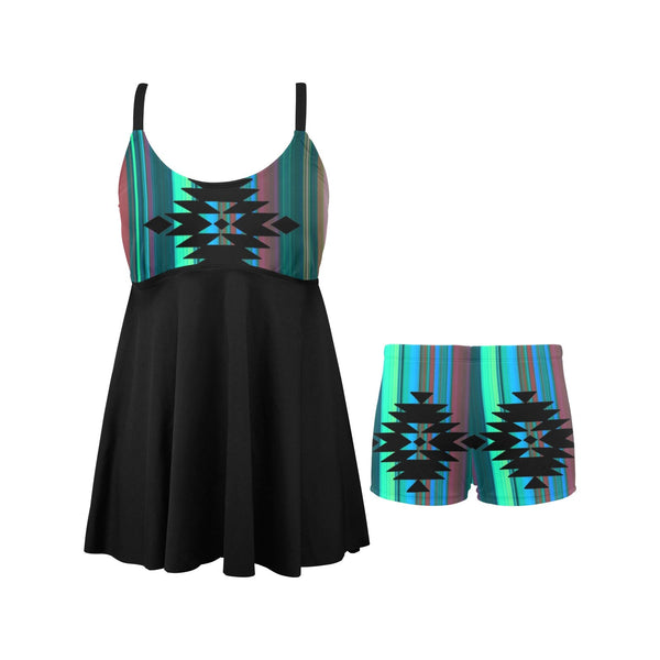 Teal Aztec Swim Dress & Shorts Set