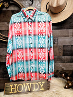 Turquoise Orange Aztec Unisex Western Button UP Shirt