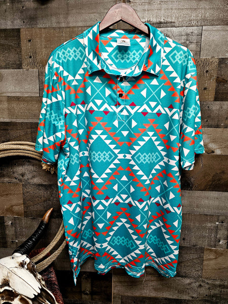 Teal Aztec Men's Western Polo Shirt