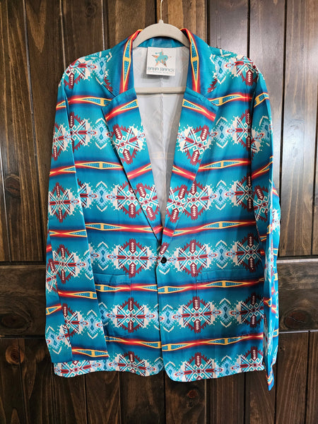 Teal Blue Aztec Men's Western Blazer