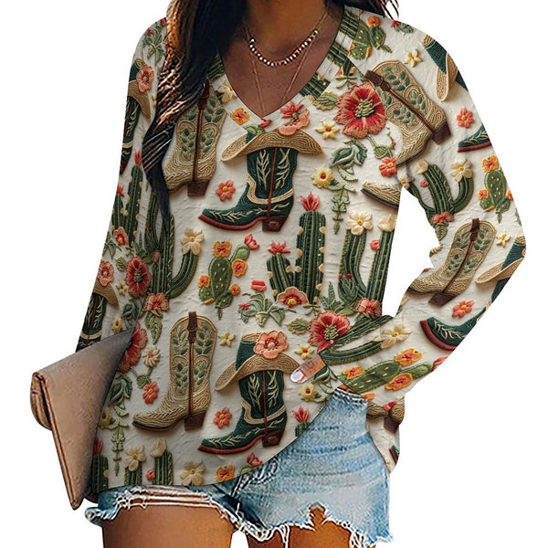 Baha Ranch Western Cactus Print Long Sleeve Top