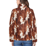 Brown Cow Print Women's Puffy Bomber Jacket