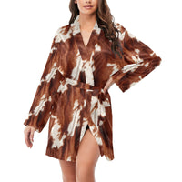 Brown Cow Print Women's Long Sleeve Belted Satin Feel Dressing Lounge Robe