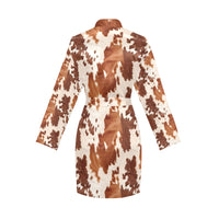 Light Brown Cow Print Women's Long Sleeve Belted Satin Feel Dressing Lounge Robe