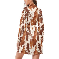 Light Brown Cow Print Women's Long Sleeve Belted Satin Feel Dressing Lounge Robe