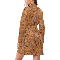 Tooled Leather Print Bronc Women's Long Sleeve Belted Satin Feel Dressing Lounge Robe