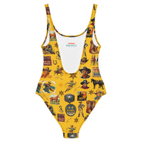 Yeehaw Vintage Cowboy Collage Mustard One-Piece Swimsuit