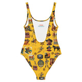 Yeehaw Vintage Cowboy Collage Mustard One-Piece Swimsuit