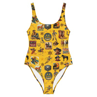 Yeehaw Vintage Cowboy Collage Mustard One-Piece Swimsuit