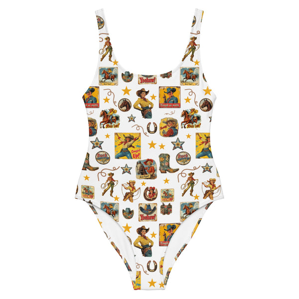 Yeehaw Vintage Cowgirl Collage White One-Piece Swimsuit