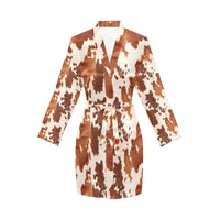 Light Brown Cow Print Women's Long Sleeve Belted Satin Feel Dressing Lounge Robe