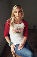 baseball tee with cowgirl on front and maroon sleeves