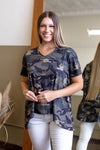 VINTAGE CAMO ESSENTIAL V-NECK SHORT SLEEVE TOP WITH HI-LOW HEM (RTS)